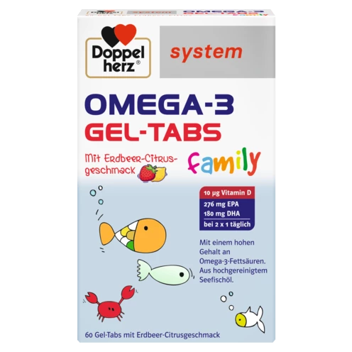 Illustration of the product packaging Doppelherz system OMEGA-3 GEL TABS FAMILY front view